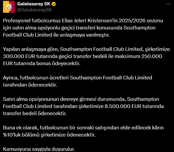 Galatasaray: Elias Jelert’in Southampton’a geçici transferi