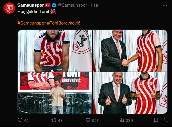 Samsunspor, Hırvat Futbolcu Toni Borevkovic ile Kadrosunu Güçlendirdi!