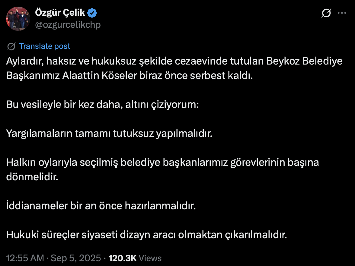 Yargı süreçlerinin tutuksuz yürütülmesi çağrısı: Köseler serbest kaldı, Çelikten mesaj